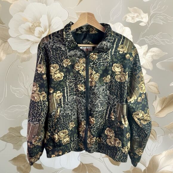 100% Silk Xposure VTG Women's PL Petite Large Black Tan Floral Full Zip Jacket - Picture 1 of 8